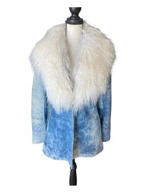 Elements by Vakko XS Blue Leather Jacket Detachable Fur Collar Vintage